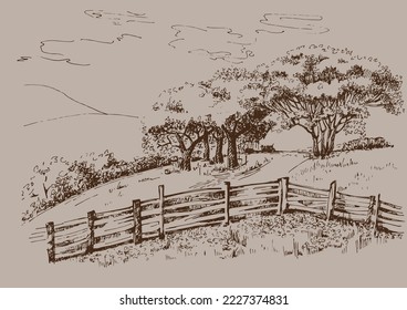 Rural scenery. Meadow, alkali, lye, grassland, pommel, lea, pasturage, farm. Rural scenery landscape panorama of countryside pastures. Vector sketch illustration