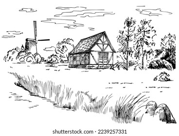 Rural scenery. Meadow, alkali, lye, grassland, pommel, lea, pasturage, farm. Rural scenery landscape panorama of countryside pastures. Vector sketch illustration
