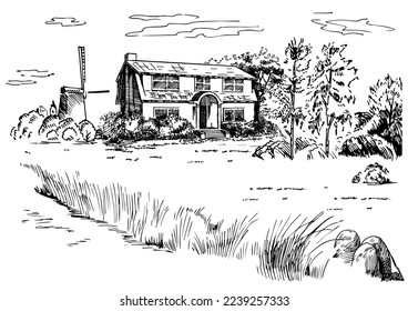 Rural scenery. Meadow, alkali, lye, grassland, pommel, lea, pasturage, farm. Rural scenery landscape panorama of countryside pastures. Vector sketch illustration
