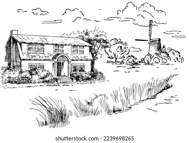 Rural scenery. Meadow, alkali, lye, grassland, pommel, lea, pasturage, farm. Rural scenery landscape panorama of countryside pastures. Vector sketch illustration
