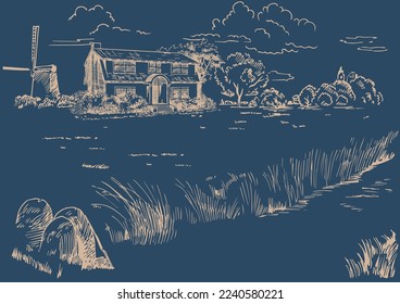 Rural scenery. Meadow, alkali, lye, grassland, pommel, lea, pasturage, farm. Rural scenery landscape panorama of countryside pastures. Vector sketch illustration

