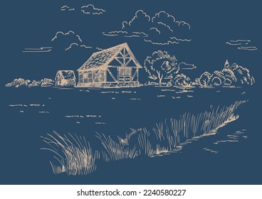 Rural scenery. Meadow, alkali, lye, grassland, pommel, lea, pasturage, farm. Rural scenery landscape panorama of countryside pastures. Vector sketch illustration
