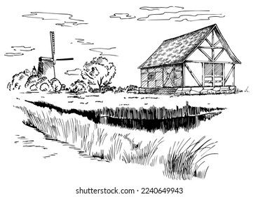 Rural scenery. Meadow, alkali, lye, grassland, pommel, lea, pasturage, farm. Rural scenery landscape panorama of countryside pastures. Vector sketch illustration
