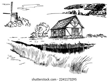 Rural scenery. Meadow, alkali, lye, grassland, pommel, lea, pasturage, farm. Rural scenery landscape panorama of countryside pastures. Vector sketch illustration