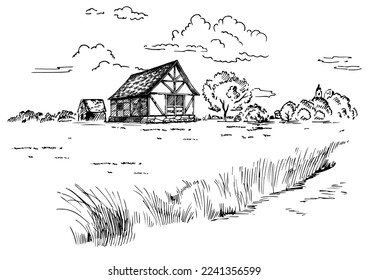 Rural scenery. Meadow, alkali, lye, grassland, pommel, lea, pasturage, farm. Rural scenery landscape panorama of countryside pastures. Vector sketch illustration