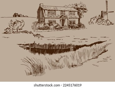 Rural scenery. Meadow, alkali, lye, grassland, pommel, lea, pasturage, farm. Rural scenery landscape panorama of countryside pastures. Vector sketch illustration
