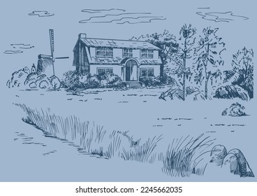 Rural scenery. Meadow, alkali, lye, grassland, pommel, lea, pasturage, farm. Rural scenery landscape panorama of countryside pastures. Vector sketch illustration
