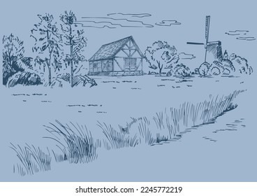 Rural scenery. Meadow, alkali, lye, grassland, pommel, lea, pasturage, farm. Rural scenery landscape panorama of countryside pastures. Vector sketch illustration