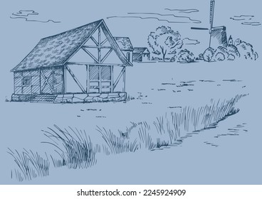 Rural scenery. Meadow, alkali, lye, grassland, pommel, lea, pasturage, farm. Rural scenery landscape panorama of countryside pastures. Vector sketch illustration
