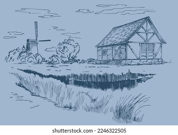 Rural scenery. Meadow, alkali, lye, grassland, pommel, lea, pasturage, farm. Rural scenery landscape panorama of countryside pastures. Vector sketch illustration