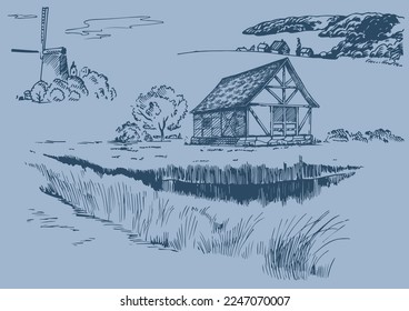 Rural scenery. Meadow, alkali, lye, grassland, pommel, lea, pasturage, farm. Rural scenery landscape panorama of countryside pastures. Vector sketch illustration
