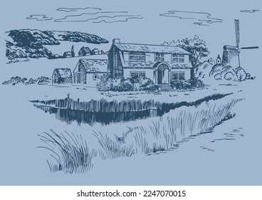 Rural scenery. Meadow, alkali, lye, grassland, pommel, lea, pasturage, farm. Rural scenery landscape panorama of countryside pastures. Vector sketch illustration
