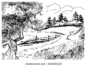 Rural scenery. Meadow, alkali, lye, grassland, pommel, lea, pasturage, farm. Rural scenery landscape panorama of countryside pastures. Vector sketch illustration
