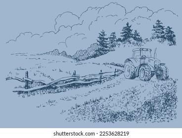 Rural scenery. Meadow, alkali, lye, grassland, pommel, lea, pasturage, farm. Rural scenery landscape panorama of countryside pastures. Vector sketch illustration
