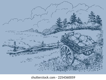 Rural scenery. Meadow, alkali, lye, grassland, pommel, lea, pasturage, farm. Rural scenery landscape panorama of countryside pastures. Vector sketch illustration
