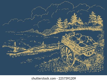Rural scenery. Meadow, alkali, lye, grassland, pommel, lea, pasturage, farm. Rural scenery landscape panorama of countryside pastures. Vector sketch illustration
