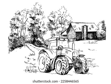Rural scenery. Meadow, alkali, lye, grassland, pommel, lea, pasturage, farm. Rural scenery landscape panorama of countryside pastures. Vector sketch illustration
