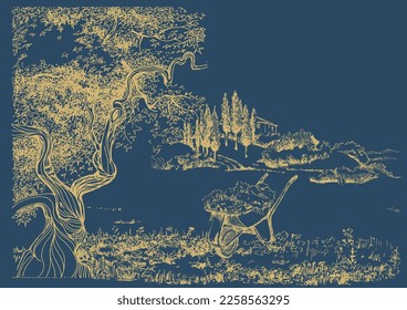 Rural scenery. Meadow, alkali, lye, grassland, pommel, lea, pasturage, farm. Rural scenery landscape panorama of countryside pastures. Vector sketch illustration
