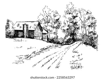Rural scenery. Meadow, alkali, lye, grassland, pommel, lea, pasturage, farm. Rural scenery landscape panorama of countryside pastures. Vector sketch illustration
