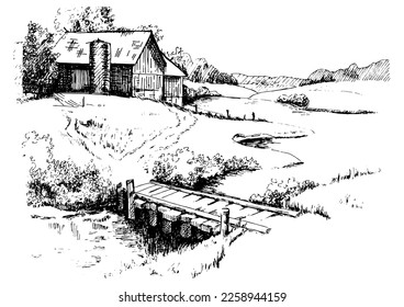 Rural scenery. Meadow, alkali, lye, grassland, pommel, lea, pasturage, farm. Rural scenery landscape panorama of countryside pastures. Vector sketch illustration
