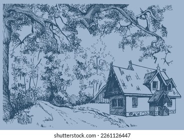 Rural scenery. Meadow, alkali, lye, grassland, pommel, lea, pasturage, farm. Rural scenery landscape panorama of countryside pastures. Vector sketch illustration
