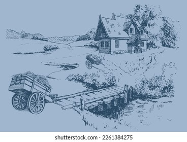 Rural scenery. Meadow, alkali, lye, grassland, pommel, lea, pasturage, farm. Rural scenery landscape panorama of countryside pastures. Vector sketch illustration
