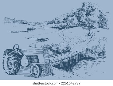 Rural scenery. Meadow, alkali, lye, grassland, pommel, lea, pasturage, farm. Rural scenery landscape panorama of countryside pastures. Vector sketch illustration
