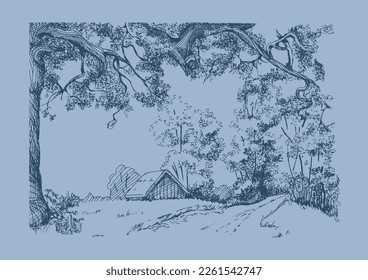 Rural scenery. Meadow, alkali, lye, grassland, pommel, lea, pasturage, farm. Rural scenery landscape panorama of countryside pastures. Vector sketch illustration
