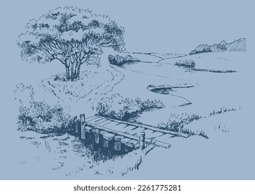 Rural scenery. Meadow, alkali, lye, grassland, pommel, lea, pasturage, farm. Rural scenery landscape panorama of countryside pastures. Vector sketch illustration
