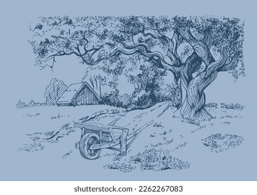 Rural scenery. Meadow, alkali, lye, grassland, pommel, lea, pasturage, farm. Rural scenery landscape panorama of countryside pastures. Vector sketch illustration
