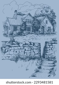 Rural scenery. Meadow, alkali, lye, grassland, pommel, lea, pasturage, farm. Rural scenery landscape panorama of countryside pastures. Vector sketch illustration

