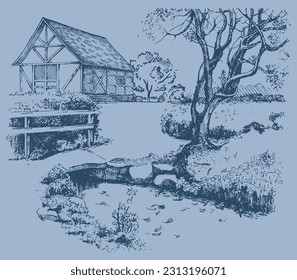 Rural scenery. Meadow, alkali, lye, grassland, pommel, lea, pasturage, farm. Rural scenery landscape panorama of countryside pastures. Vector sketch illustration
