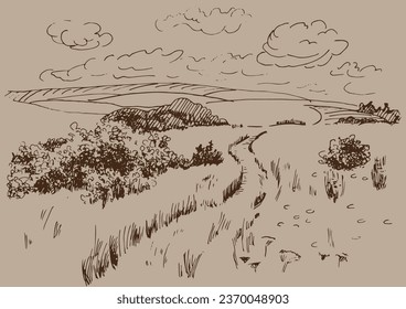 Rural scenery. Meadow, alkali, lye, grassland, pommel, lea, pasturage. Rural scenery landscape panorama of countryside pastures. Vector sketch illustration
