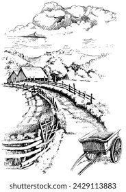 Rural scenery. Meadow, alkali, lye, grassland, pommel, lea, pasturage, farm. Rural scenery landscape panorama of countryside pastures. Vector sketch illustration

