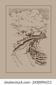 Rural scenery. Meadow, alkali, lye, grassland, pommel, lea, pasturage, farm. Rural scenery landscape panorama of countryside pastures. Vector sketch illustration
