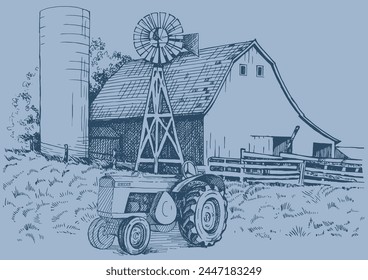 Rural scenery. Meadow, alkali, lye, grassland, pommel, lea, pasturage, farm. Rural scenery landscape panorama of countryside pastures. Vector sketch illustration
