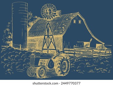 Rural scenery. Meadow, alkali, lye, grassland, pommel, lea, pasturage, farm. Rural scenery landscape panorama of countryside pastures. Vector sketch illustration
