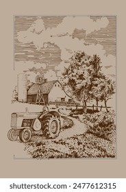 Rural scenery. Meadow, alkali, lye, grassland, pommel, lea, pasturage, farm. Rural scenery landscape panorama of countryside pastures. Vector sketch illustration
