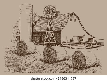 Rural scenery. Meadow, alkali, lye, grassland, pommel, lea, pasturage, farm. Rural scenery landscape panorama of countryside pastures. Vector sketch illustration