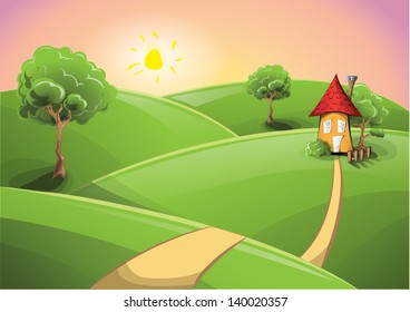 Rural scenery sunset with a cosy house, EPS 10