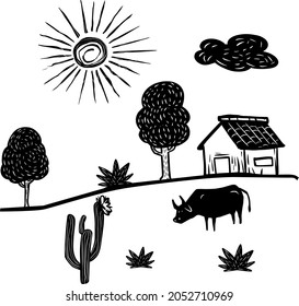 Rural scenery in woodcut style. Literature of twine