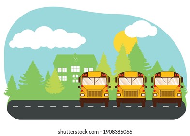 Construcción de escuelas rurales e ilustración de autobuses amarillos.