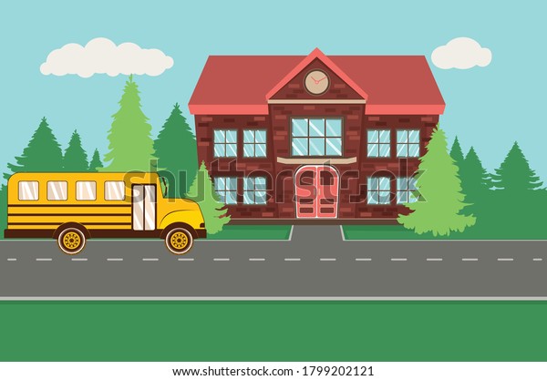 Rural school\
building and yellow bus\
illustration.