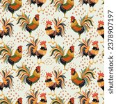 Rural seamless pattern design with colorful roosters, fabric, wrapping paper, textile print