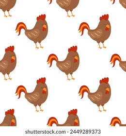 rural seamless pattern design with rooster, print with cartoon cock for fabric, wrapping paper, textile