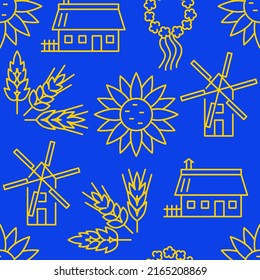 Rural seamless pattern in line style. Ukrainian symbols. Vector illustration.