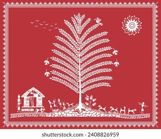 Rural Serenity: Warli Painting with Tree, Animal Keeper, and Village Life. Rural Life Art, Tree and Animal Keeper.