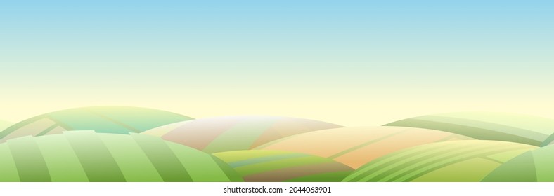 Rural simple landscape with garden farmer hills. Cute funny cartoon design. Horizontally background seamless illustration. Flat style. Vector