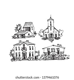 Rural sketch andscape. Vector illustration. Hand drawn ink illustration.