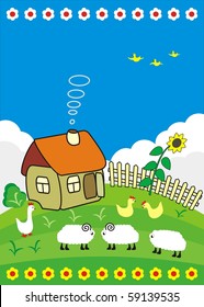Rural small house with a fence, flowers and farm animals - vector illustration in cartoon style